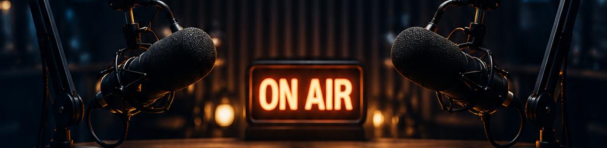 Two podcast microphones facing an ON AIR sign