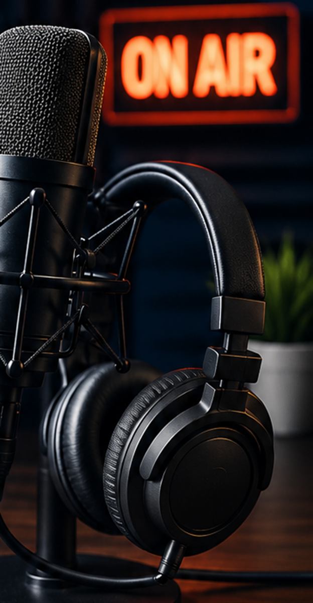 Studio microphone and headphones under an ON AIR sign